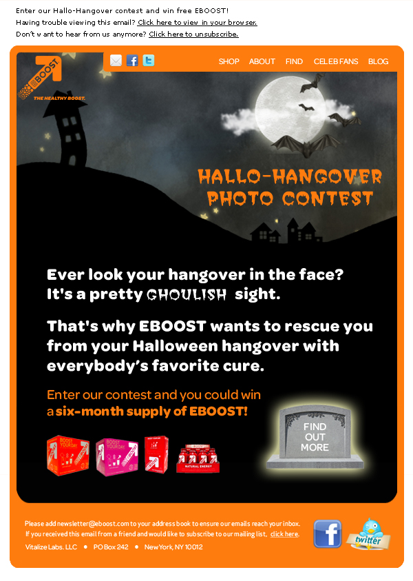 Halloween hangover contest EBOOST healthy energy drink mix