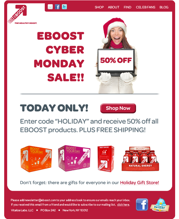 "Cyber Monday" sale EBOOST healthy energy drink mix