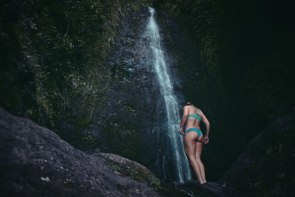 girl in green bikini, water fall