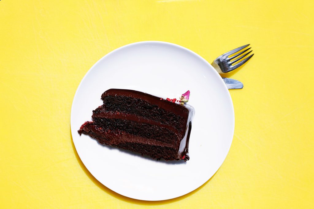 chocolate cake on a yellow background