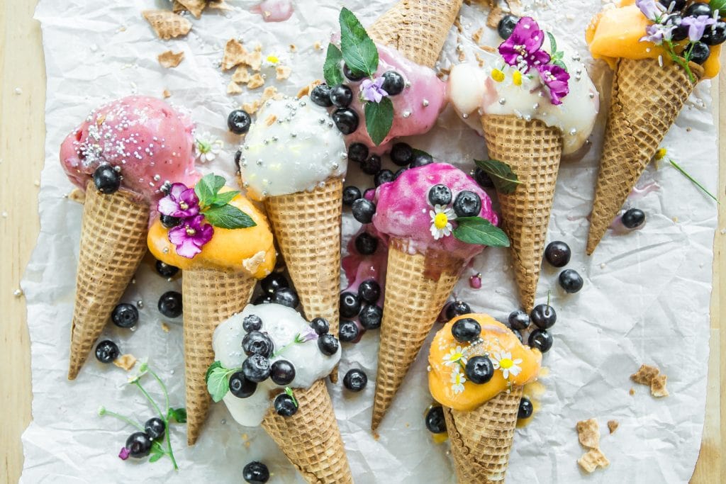 flatlay ice cream in ice cream cones