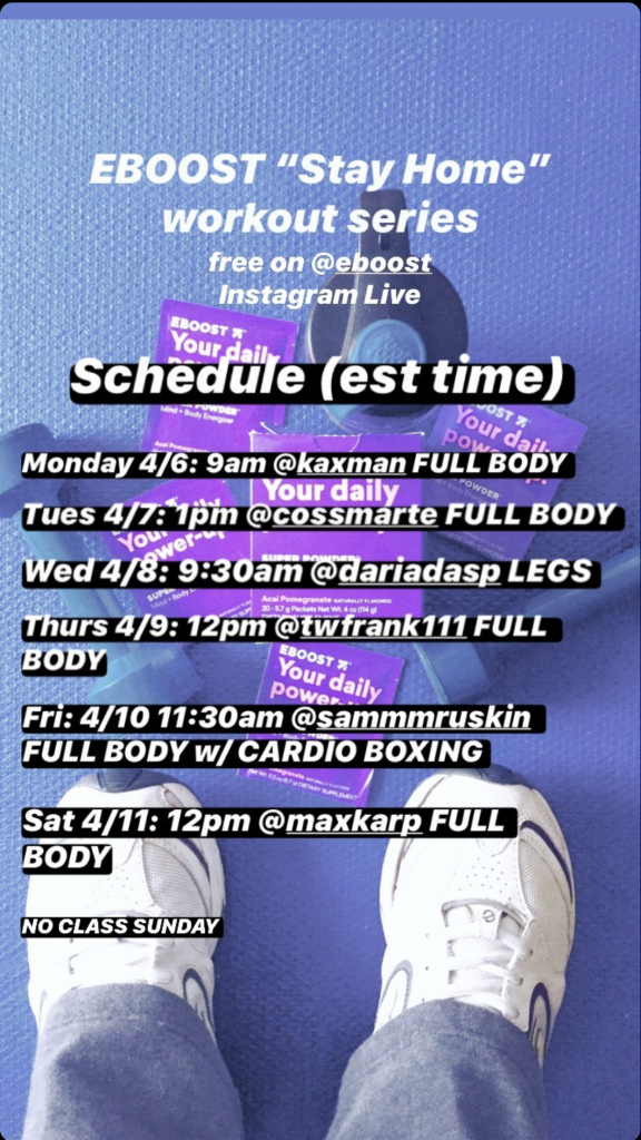 EBOOST live workouts on Instagram schedule